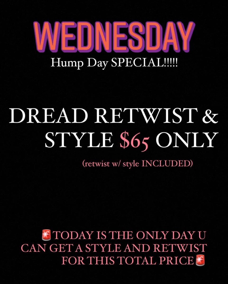 TAP IN #HUMPDAYLOCSPECIAL
#HoustonLoctician #HTXLOCS #Dreads #htxstylist #southsidehtx
#retwistandstyle #explore 

DM ME to get u a spot fa today… TODAY IS THE ONLY DAY U CAN GET A RETWIST AND STYLE FA ONLY $65 TOTAL SO TAP IN, spots going quick!!