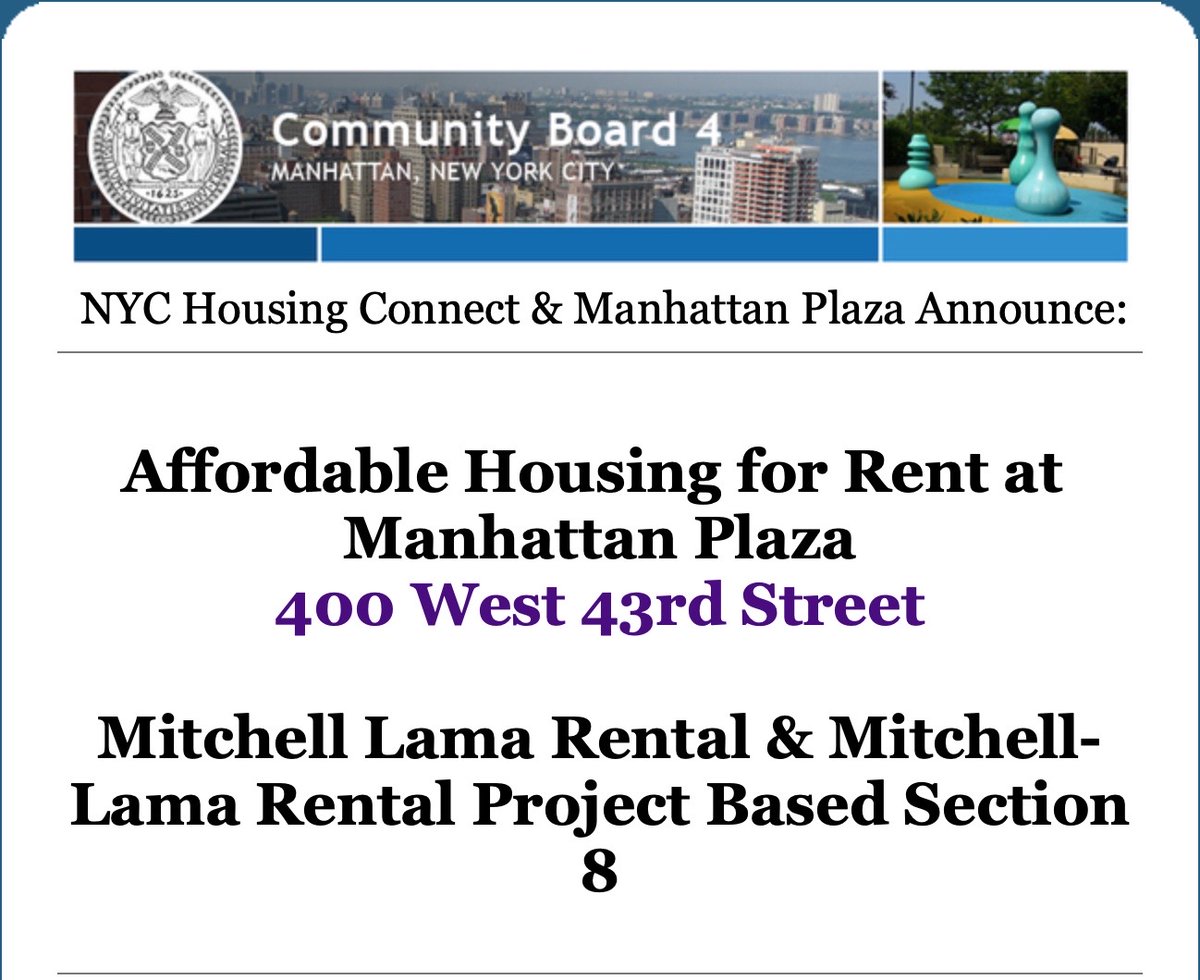 DickGottfried's tweet photo. Waitlist for #MitchellLama #affordablehousing at Manhattan Plaza on W 43rd St is now open to NYers! Deadline to enroll in lottery for studio, 1-BR, 2-BR units is 4/20/22. For more info or to apply, see https://t.co/9BgyeeW3HI @ManhattanBoard4 @NYCHousing @MitchellLama https://t.co/oQx8ZMG3sk
