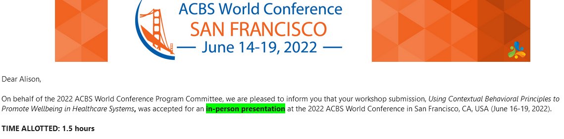 Dr Alison DeLizza, PhD (@adelizza) on Twitter photo Nothing like starting to plan a trip to San Francisco in June to brighten a gray day <a href="/myACBS/">Association for Contextual Behavioral Science</a>
Ready to take on Cali with @DrKatiCordts Who else is in? <a href="/charmlifephoto/">McKenna Corlis</a> <a href="/Lindsey_PhD/">Lindsey Knott, PhD</a> <a href="/RSoniaSingh/">Sonia Singh</a> <a href="/louisemchugh/">Louise McHugh</a> <a href="/ACTually_Alyson/">Dr Alison Stapleton</a> Nothing like starting to plan a trip to San Francisco in June to brighten a gray day <a href="/myACBS/">Association for Contextual Behavioral Science</a>
Ready to take on Cali with @DrKatiCordts Who else is in? <a href="/charmlifephoto/">McKenna Corlis</a> <a href="/Lindsey_PhD/">Lindsey Knott, PhD</a> <a href="/RSoniaSingh/">Sonia Singh</a> <a href="/louisemchugh/">Louise McHugh</a> <a href="/ACTually_Alyson/">Dr Alison Stapleton</a>