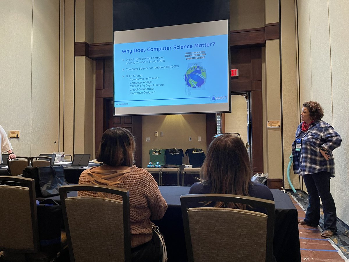 TeamCramer1's tweet photo. Emily Byrd (K-5) and Amy Lyons (6-8) of @AMSTI_Athens share why the DLCS standards matter! Equipping students with contemporary skills for the future! 🔥 #CSforAL #AMSTI4ALL #ASTA22STEM https://t.co/s8eJKMIdVf