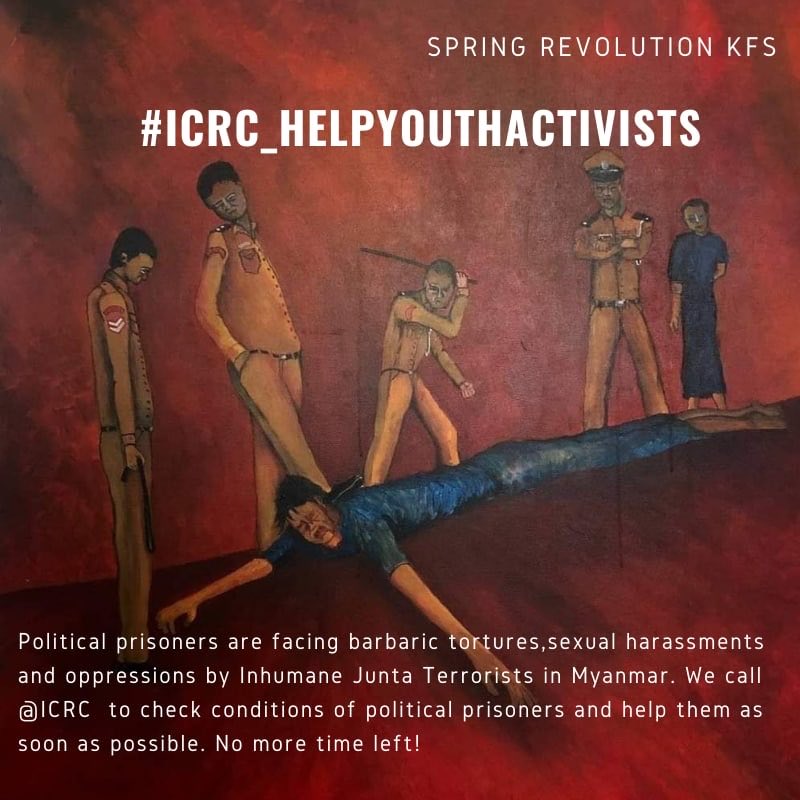 Political prisoners face barbaric tortures, sexual harassment and oppression by Inhumane Junta Terrorists in Myanmar. We call <a href="/ICRC/">ICRC</a> to check the conditions of political prisoners and help them as soon as possible. No more time left! 
#LightBehindBars
#ICRC_HelpYouthActivists