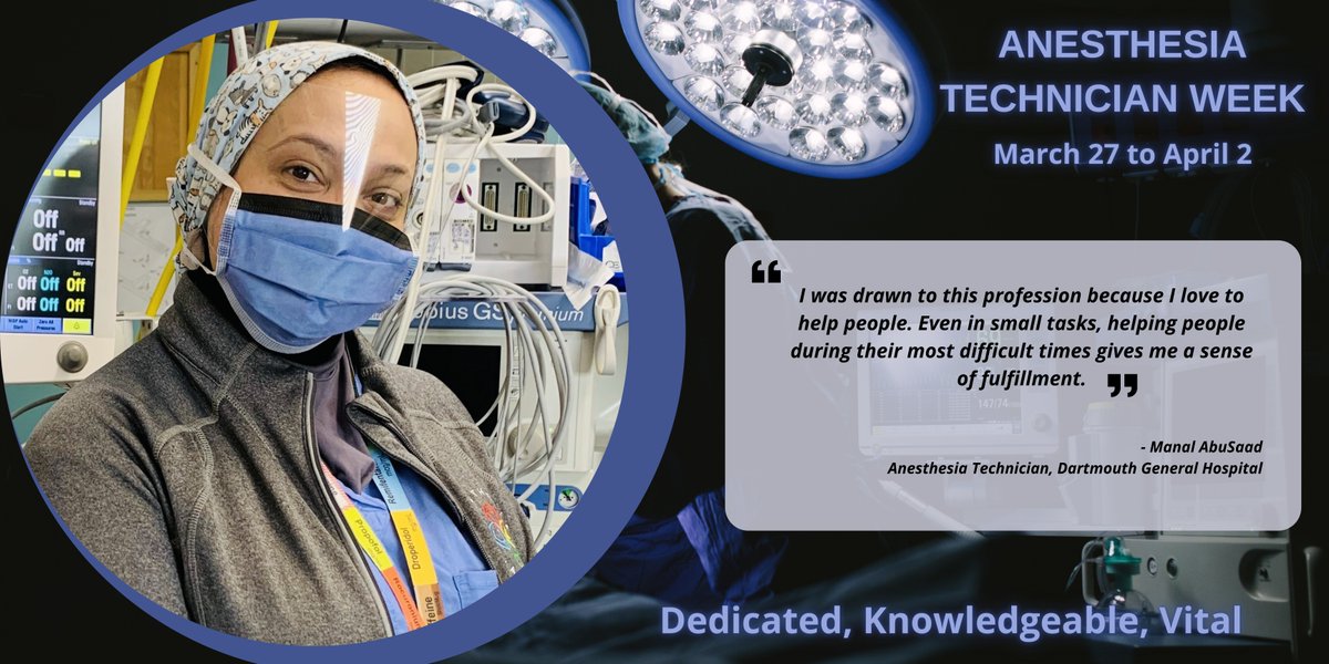 DalAnesthesia's tweet photo. Anesthesia Technicians have been providing support to Halifax ORs for 55 years! Just this month, ATs expanded their role to add Dartmouth General Hospital to the list of sites they serve. Meet Manal, one of DGH's very first ATs. #ATWeek
@DGHfoundation @HealthNS @IWKHealth https://t.co/paAZlre3CY