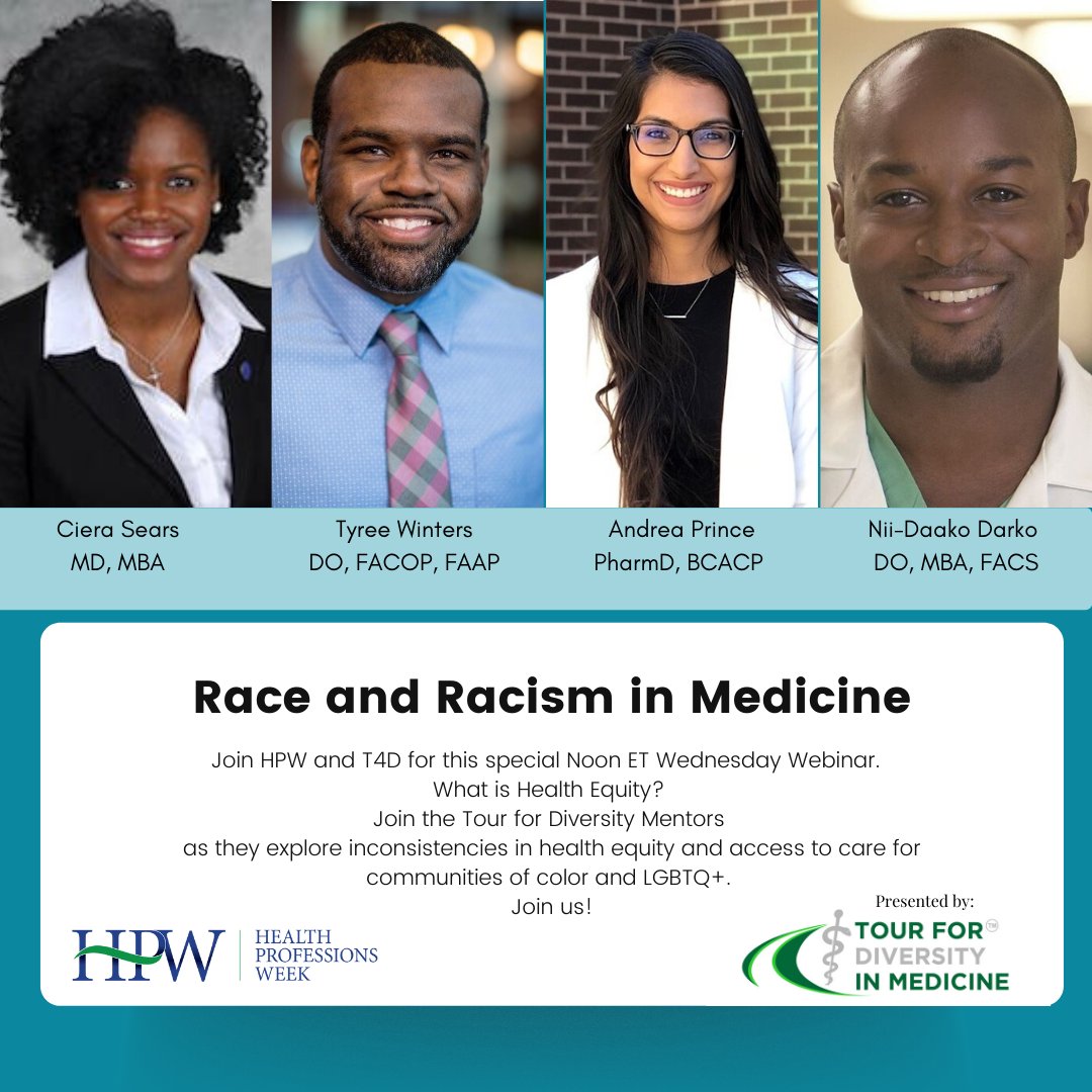 healthprofweek's tweet photo. What is Health Equity? Join us for this webinar hosted by @tour4diversity and listen in with the T4D Mentors as they explore inconsistencies in health equity and access to care for communities of color and LGBTQ+. See you at Noon ET! Register at https://t.co/LCFYr3tSsF
#springHPW https://t.co/p5OwP2Z309