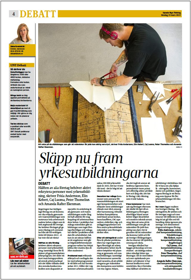 Att satsa på utbildningar som gör att människor får jobb kan aldrig vara dyrt, skriver <a href="/AmandaEkenman/">Amanda R Ekenman</a> i <a href="/untse/">Upsala Nya Tidning</a> 

Regeringen har lagt fram förslag om att kommuner ska erbjuda gymnasie- och vuxenutbildningar som motsvarar arbetsmarknadens behov. Låt det bli verklighet nu! #utbpol