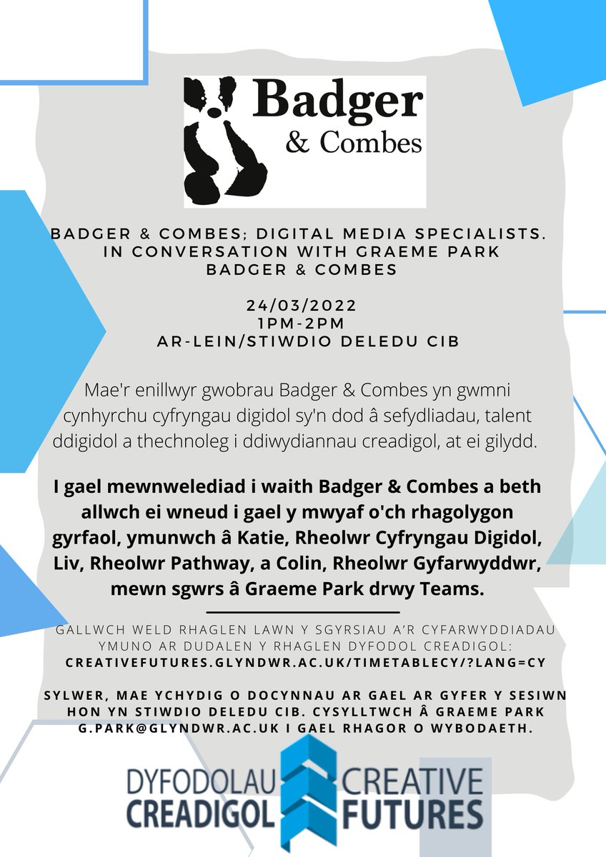 GlyndwrCF22's tweet photo. Join us tomorrow where Graeme will be interviewing Digital Media Specialists, Badger &amp; Combes!  

Don't miss out, find more details and joining instructions on the Creative Futures website: https://t.co/yBmqkDvNOm https://t.co/0oGm5DAeBj