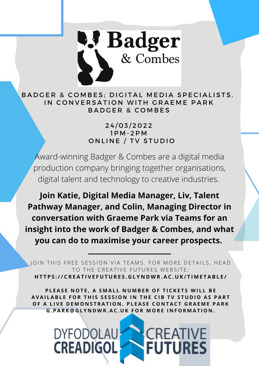 GlyndwrCF22's tweet photo. Join us tomorrow where Graeme will be interviewing Digital Media Specialists, Badger &amp; Combes!  

Don't miss out, find more details and joining instructions on the Creative Futures website: https://t.co/yBmqkDvNOm https://t.co/0oGm5DAeBj
