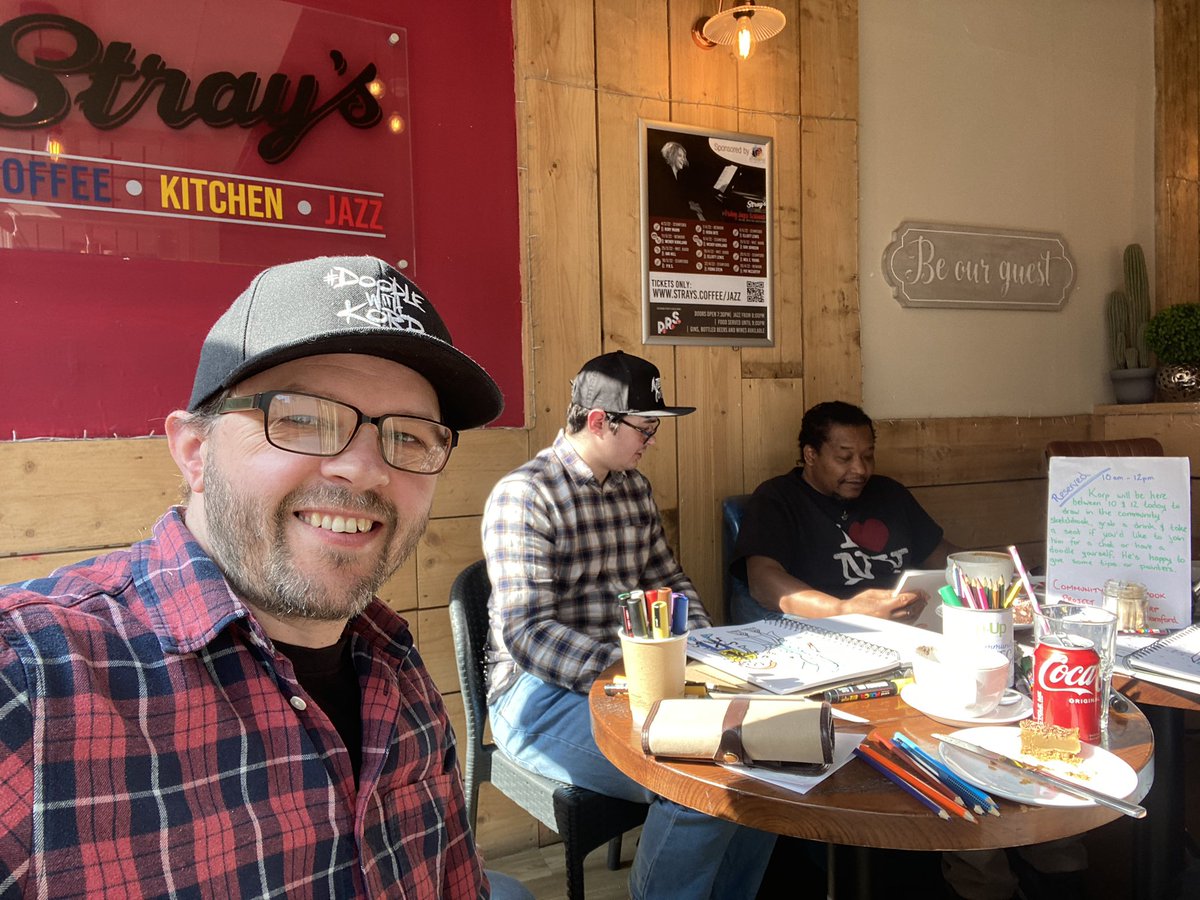 Korporate's tweet photo. We usually get 6 or 7 people turn up every week filling in pages of their sketchbooks using the prompt cards I bring. Today we had a surprise visit from the unofficial mayor of Peterborough Mr Tony Nero.
@ArtofTonyNero #doodlewithkorp #artystuff #sketchbook https://t.co/lht1c8kVby