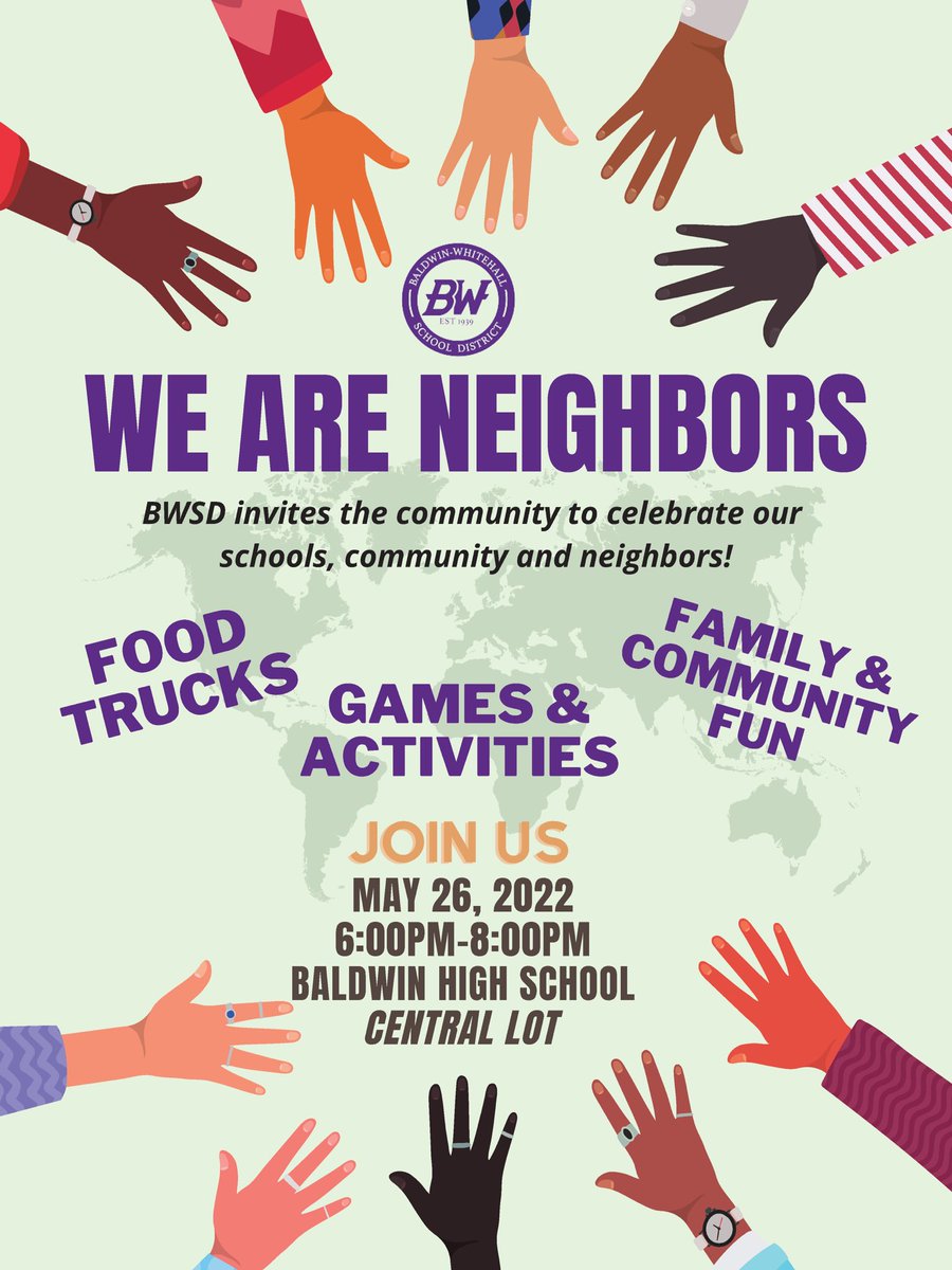 🟣⚪️WE ARE NEIGHBORS EVENT⚪️🟣

Come celebrate our Baldwin-Whitehall #schools🏫, #community💜 &amp; #neighbors🏘!

🗓May 26th
🕕 6:00 PM - 8:00 PM
📍Baldwin High School