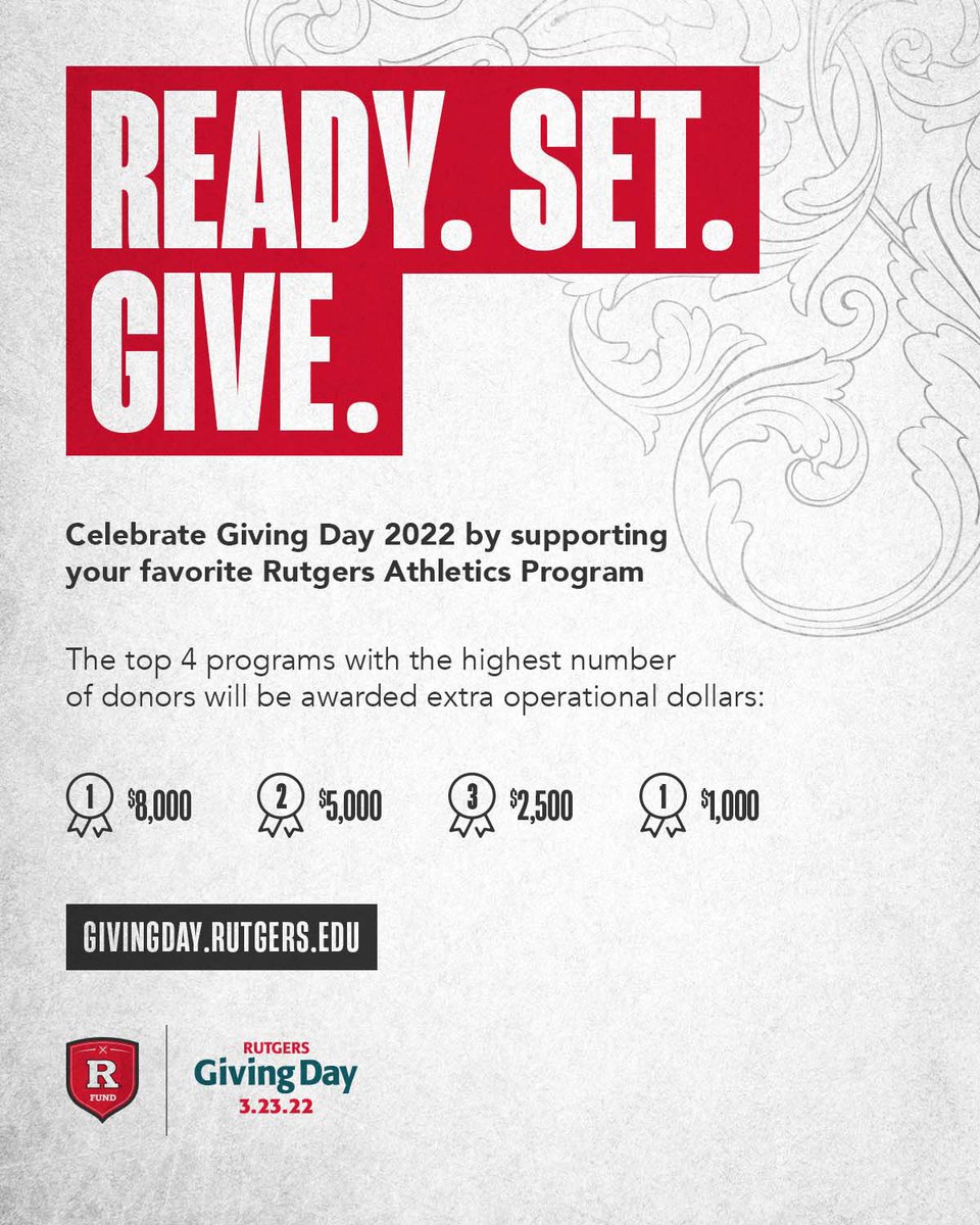 RU Academics (@ruacademics) on Twitter photo ๐๐๐
Today is <a href="/RutgersU/">Rutgers University</a> Giving Day. Take a moment & support a <a href="/RUAthletics/">Rutgers Scarlet Knights</a> cause that gives you hope. Your ๐ no matter the size, makes an impact on our Scarlet Knight Student-Athletes!
Ring the ๐ & donate to <a href="/R_Fund/">R Fund ๐</a> today!
๐ go.rutgers.edu/nq2fffyq
#RUGivingDay l #GoRU ๐๐๐
Today is <a href="/RutgersU/">Rutgers University</a> Giving Day. Take a moment & support a <a href="/RUAthletics/">Rutgers Scarlet Knights</a> cause that gives you hope. Your ๐ no matter the size, makes an impact on our Scarlet Knight Student-Athletes!
Ring the ๐ & donate to <a href="/R_Fund/">R Fund ๐</a> today!
๐ go.rutgers.edu/nq2fffyq
#RUGivingDay l #GoRU