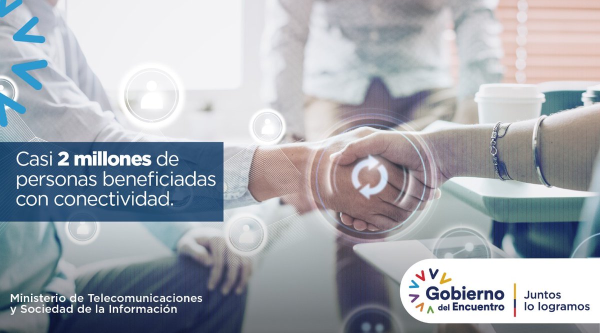 Gracias a las políticas, planes y acciones ejecutadas por el #GobiernoDelEncuentro, a través de <a href="/Telecom_Ec/">Ministerio de Telecomunicaciones Ecuador 🇪🇨</a>, hemos beneficiado a casi 2⃣ millones de personas, quienes hoy están más comunicadas con el planeta.

#JuntosCumplimos <a href="/vmaino/">Vianna Maino</a>
