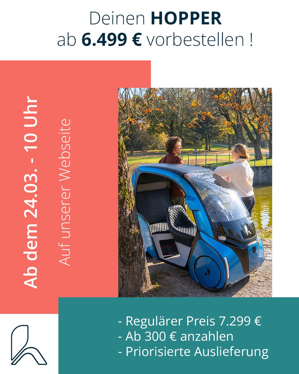 HopperMobility's tweet photo. Morgen ist es so weit! 🥳
Am 23. März ab 10 Uhr kannst du deinen Hopper vorbestellen!
Sei mit dabei und unterstütze unsere Vision einer
ökologischen und flexiblen Mobilität 🌞🌱
https://t.co/302bFbNsMl
#vorbestellen #anzahlen #fahrrad #verkehrswende #klimaschutz #autoersatz https://t.co/P0YiELqHMJ