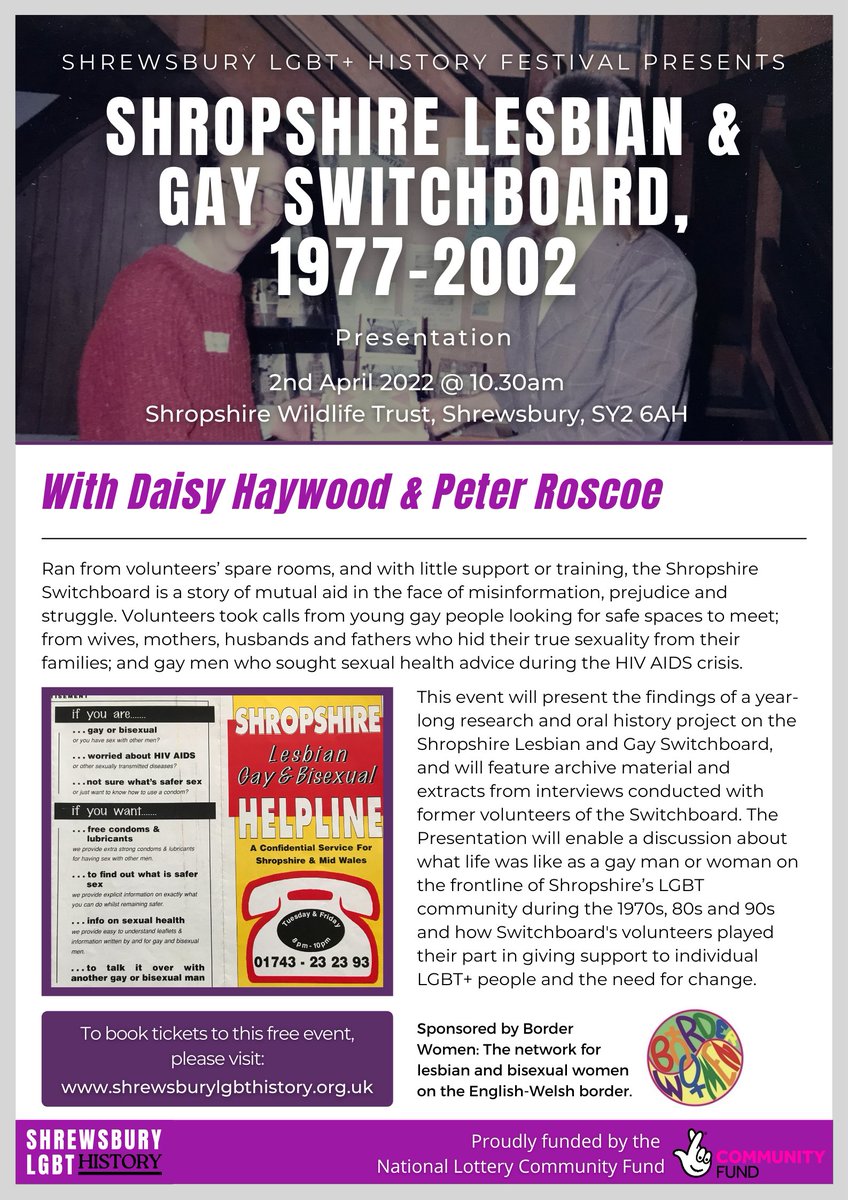 RFFShropshire's tweet photo. Shropshire Lesbian &amp; Gay Switchboard, 1977-2002☎️

2nd April 22 @ 10.30am
at Shropshire Wildlife Trust, Shrewsbury, SY2 6AH

FREE to attend. To book tickets, please visit 👉 https://t.co/9DntLaHzAX

#LGBTHistoryMonth #lgbtqia #lgbtevent #lgbtfriendly #Shrewsbury #lgbtshropshire https://t.co/qVsjjeD0I4