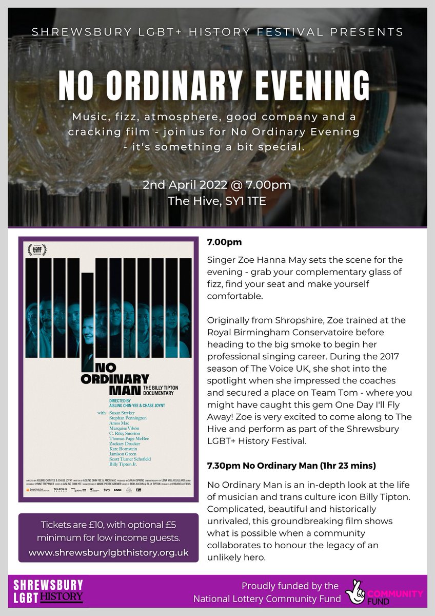 RFFShropshire's tweet photo. No Ordinary Evening 🎶🎥

2nd April 2022 @ 7.00pm
The Hive, Shrewsbury, SY1 1TE

Tickets are £10, with optional £5 minimum for low income guests. To book tickets, please visit 👉 https://t.co/76znNXlKkw 

#lgbthistory #LGBTHistoryMonth #lgbtqia #lgbtevent #lgbtfriendly https://t.co/KuepVTIFpg