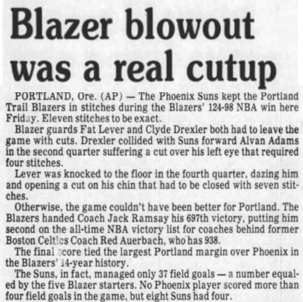 77Blazers's tweet photo. March 23 1984 - @trailblazers coach #JackRamsay gets his 697th win in #Blazers 124-98 victory vs @Suns, becoming 2nd winnigest coach in @NBAHistory.
At the time, Ramsay trailed only @celtics coach #RedAurebach with 938 wins.
#RipCity #thisdateBlazersHistory https://t.co/jZOqKJz5FT