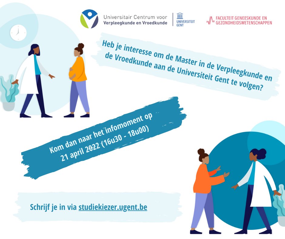 University Centre for Nursing and Midwifery (@ucvvgent) on Twitter photo Denk je eraan om vanaf september 2022 te starten met de opleiding Master in de Verpleegkunde en de Vroedkunde? Schrijf je dan in voor onze infodag op 21 april 2022 van 16u30 tot 18u00 via de <a href="/ugent/">UGent</a> studiekiezer: bit.ly/36AdXkd. Hartelijk welkom! <a href="/ugent_fge/">UGent Geneeskunde & Gezondheidswetenschappen</a> Denk je eraan om vanaf september 2022 te starten met de opleiding Master in de Verpleegkunde en de Vroedkunde? Schrijf je dan in voor onze infodag op 21 april 2022 van 16u30 tot 18u00 via de <a href="/ugent/">UGent</a> studiekiezer: bit.ly/36AdXkd. Hartelijk welkom! <a href="/ugent_fge/">UGent Geneeskunde & Gezondheidswetenschappen</a>