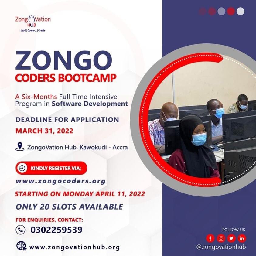 ZongoVationHub's tweet photo. We're still accepting applications. You have only a week to deadline.
Apply now!
Kindly register for free at https://t.co/eW12kH8mXL.
Please call 0302 259 539 for further information or sponsorship.
#ZongoImpact #ZongoCoders #Software #Programming #Zongo2030 | @Lenovo https://t.co/j4LRWGllrA