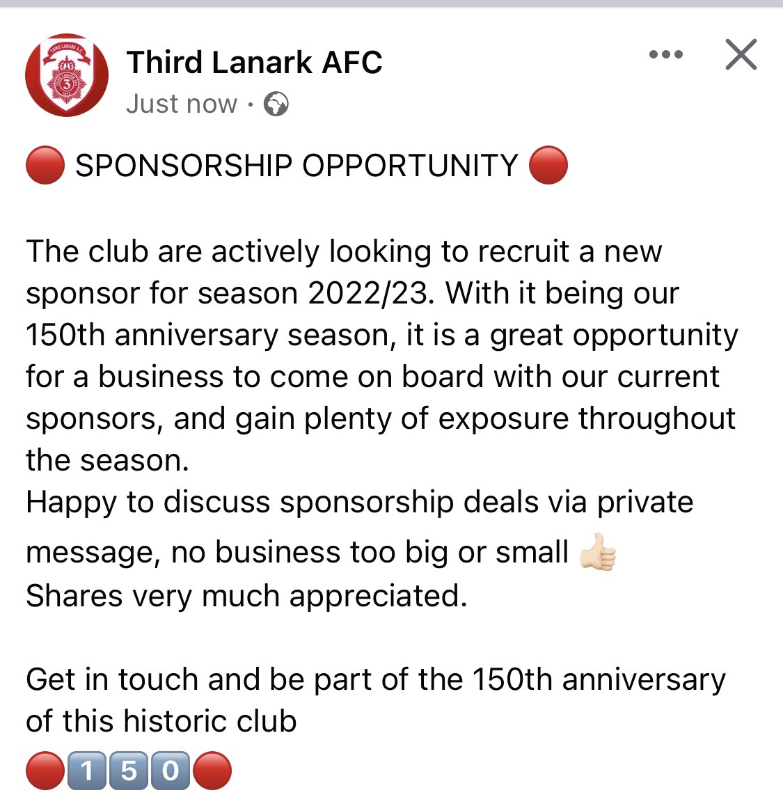 Third_Lanark's tweet photo. 🔴 SPONSORSHIP OPPORTUNITY 🔴

The club are actively looking to recruit a new sponsor for season 2022/23.
Get in touch, retweets very much appreciated 🤝

🔴1️⃣5️⃣0️⃣🔴
￼ https://t.co/OV4sK9nHW8