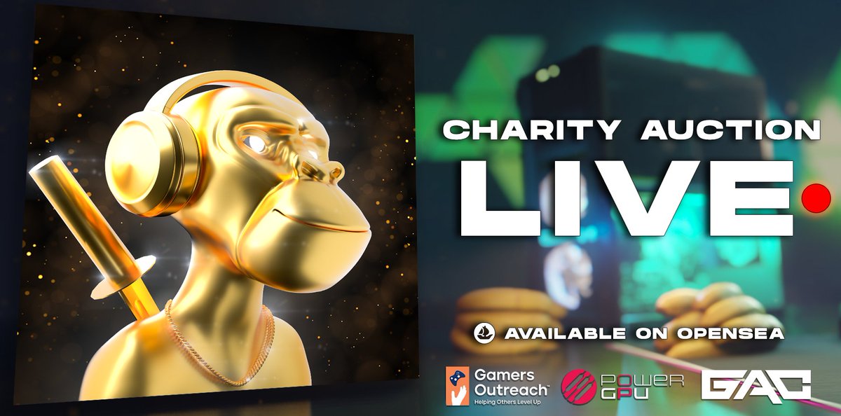 GamingApeClub's tweet photo. 1/1 Charity Auction LIVE NOW 🔴 

Legendary Golden GAC

Duration: 24 hours | Ends: 3/24 10:00AM EST

Highest bidder will receive:
- Legendary Golden GAC 1/1
- Custom Built $3,000 PC from @PowerGPU

100% proceeds donated to @GamersOutreach

Official Link: https://t.co/QlwQaV06Ml https://t.co/H0lJMLbW8L