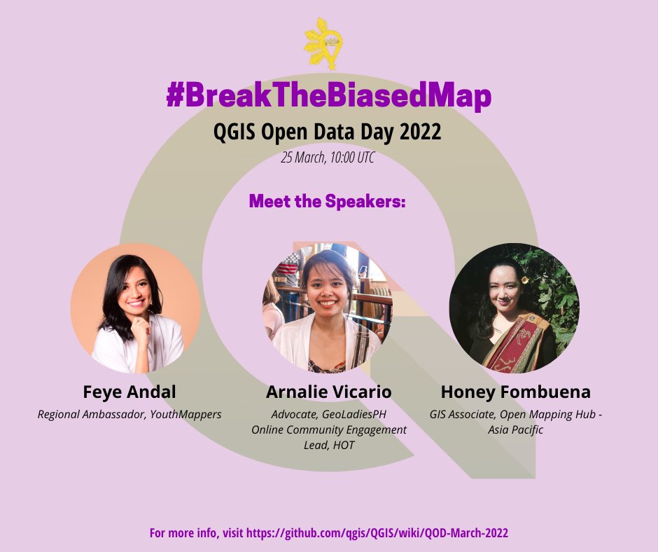 geoladiesph's tweet photo. We’re honored to take part and speak for this month’s #QGISOpenDay 🙏🏼
Join us, @arnalielsewhere, @dfeyeandal of @youthmappers & Honey of @openmapping_ap for an open and honest discussion about mapping, inclusion and how we can #BreakTheBiasedMap.
More: https://t.co/PkapfUp22m https://t.co/2W6rruc4Ku