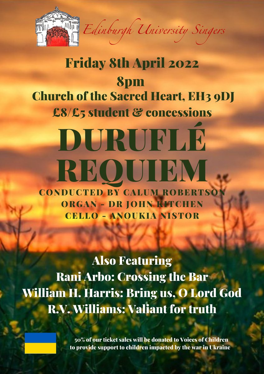 Join us for our final concert of the academic year, where we will be singing the Duruflé Requiem, as well as pieces from Vaughan Williams, Harris and Arbo.  

Tickets will be sold on the door, £8/£5 concession. Drinks reception after! 

#duruflé #choirconcert #edinburghevents