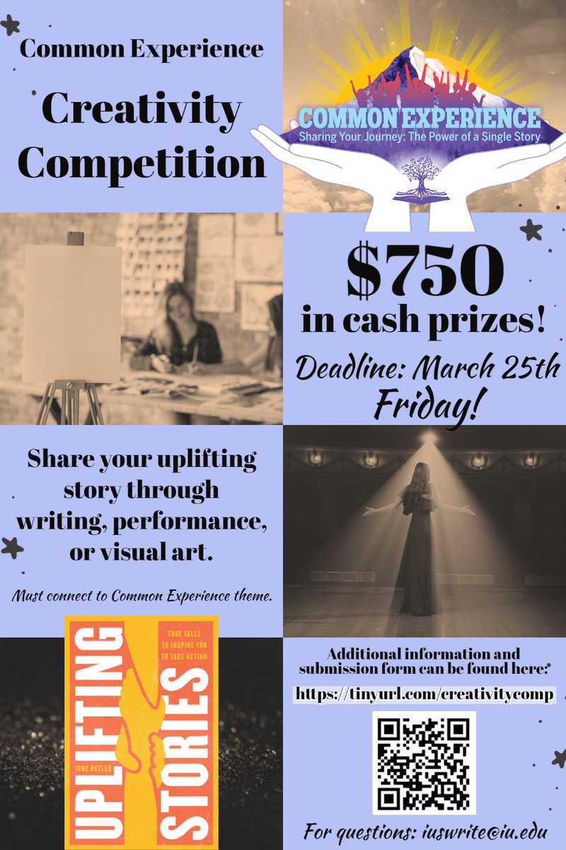 IUSWriting's tweet image. The Creativity Competition Deadline has been EXTENDED to FRIDAY! Submit your Uplifting Story by Friday at midnight for a chance to win prize money. 

Follow the link or scan the QR code for the submission page and for more information.