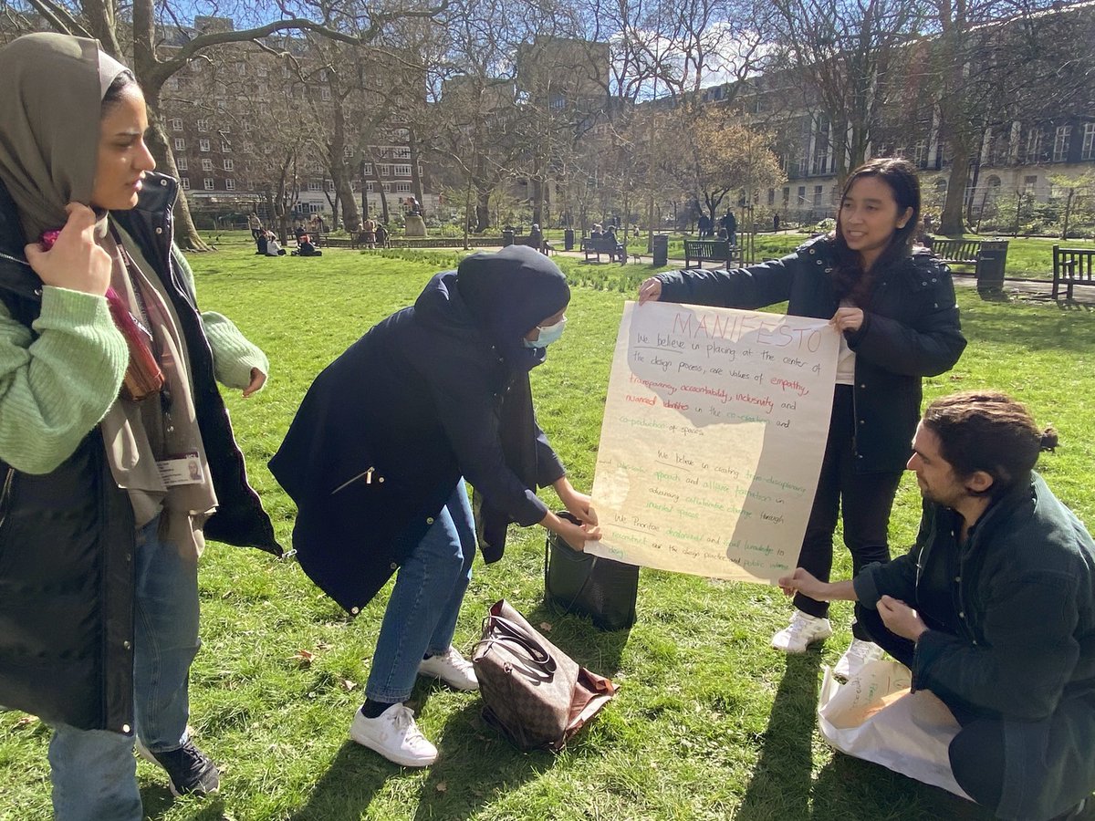 DPU_BUDD's tweet photo. Taking advantage of the arrival of Spring in London, we have been enjoying in this beautiful location for the Participatory Processes module.
During the session, students were working in groups to develop the 21/22 Urban Design Manifesto!
#Participatoryprocesses #BUDD #DPU #UCL https://t.co/UFACB3Bep2