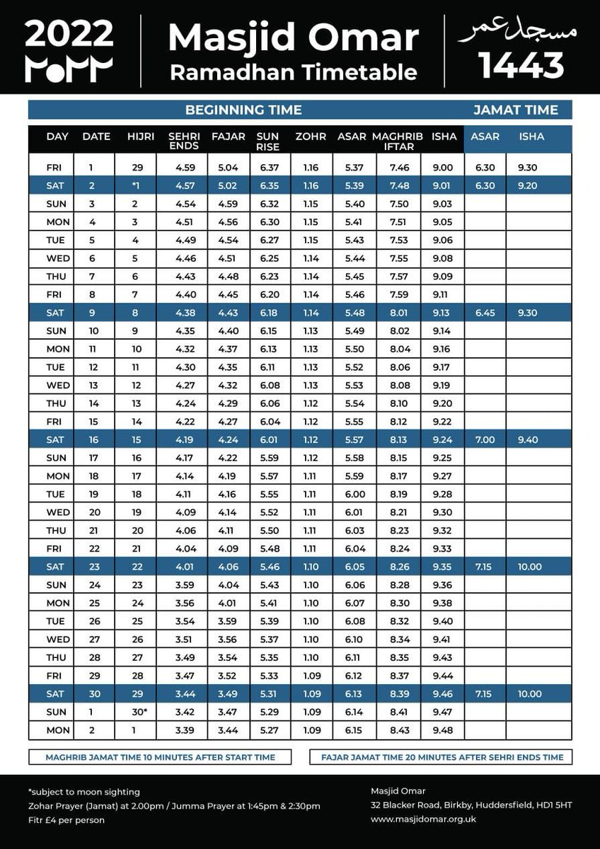 Ramadhan 2022/1443 Prayer Timetable.
masjidomar.org.uk #masjidomar #huddersfield #prayertimes #ramadhan #Ramadan2022