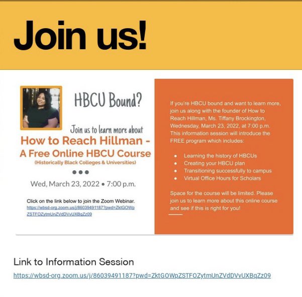 Interested in learning more about HBCU’s? Join “How to Reach Hillman” this evening at 7pm on Zoom: wbsd-org.zoom.us/j/860394911872…