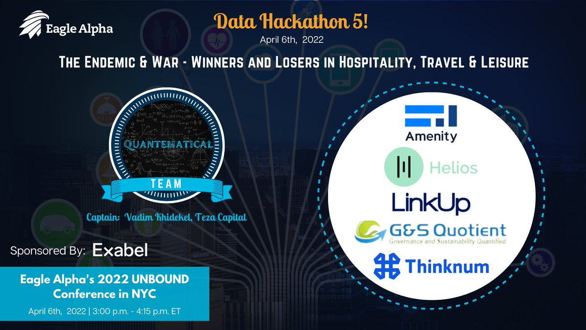#ConferenceUpdate - This week we will be announcing our expert teams and judges participating in our 5th Alternative Data #Hackathon at our UNBOUND Conference in NYC on April 6th! Today we are focusing on Team Quantematical led by Vadim Khidekel of Teza Capital.