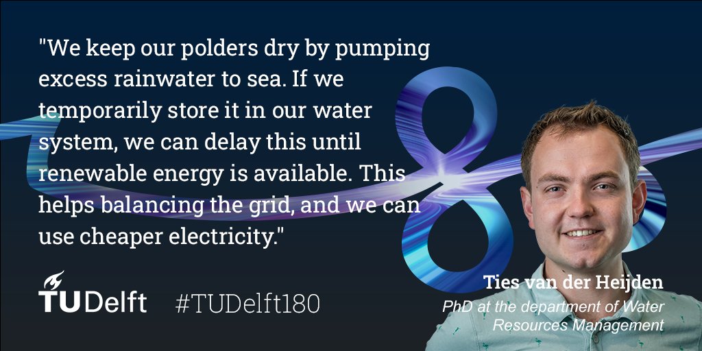 “We keep our polders dry by pumping excess rainwater to sea. If we temporarily store it in our water system, we can delay this until renewable energy is available. This helps balancing the grid, and we can use cheaper electricity.” bit.ly/3D8Vdo3 #TUDelft180