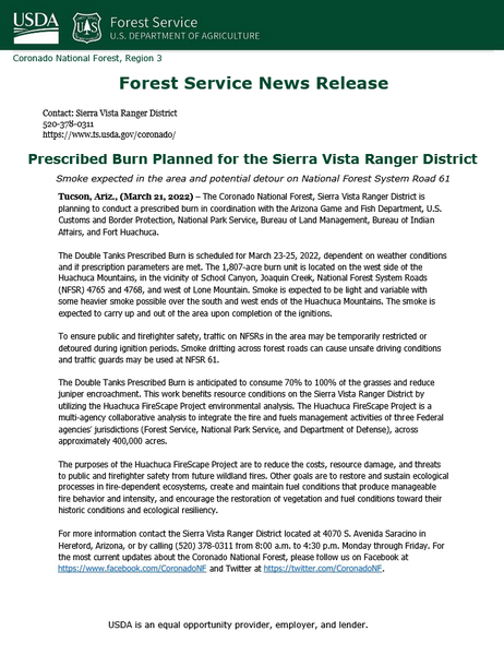 CCFirenIncident's tweet photo. Reminder-#CFN #SVRD is planning to conduct a #PrescribedBurn  #RxBurn  #DoubleTanksPrescribedBurn is scheduled for 03/23-03/25 dependent on #AzWx. The 1,807-acre burn unit is located on the west side of the #HuachucaMtns  #Smoke  https://t.co/MQ8rjYlwlr https://t.co/igx7nbmaEM