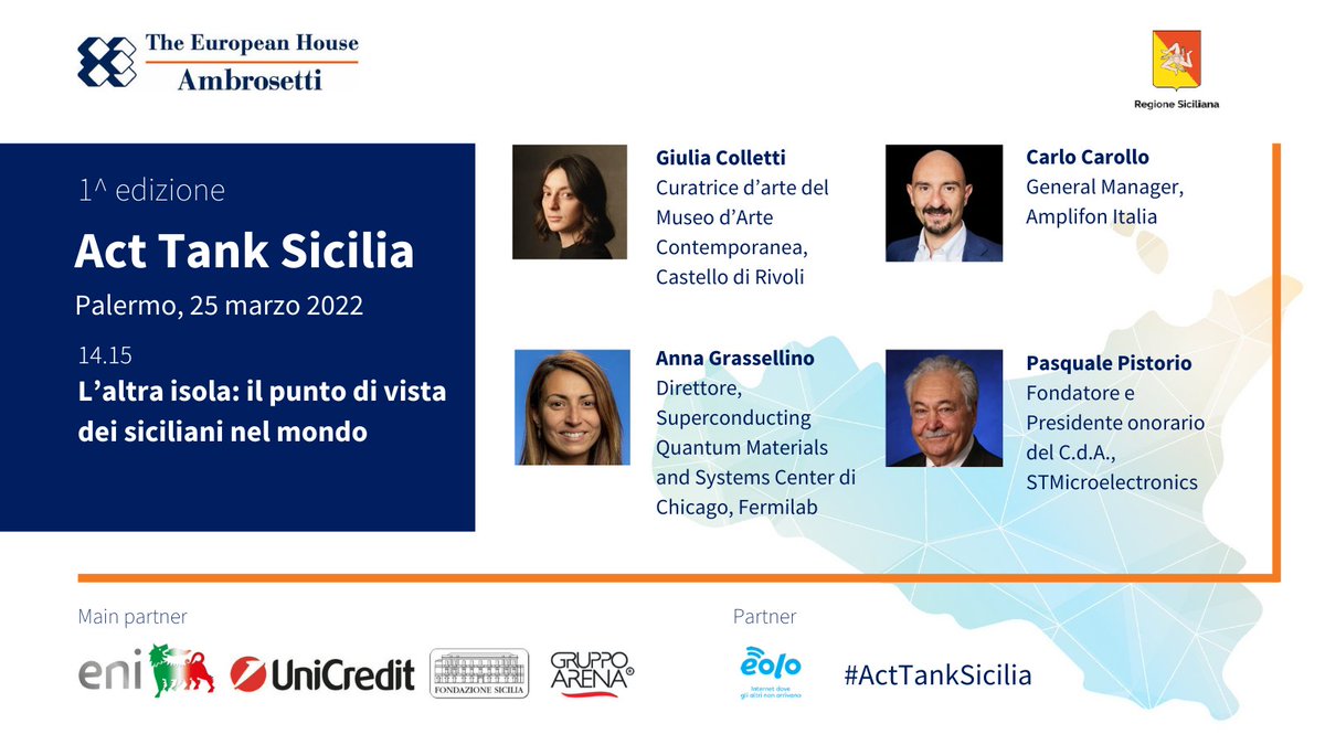 📌 25/3: Forum #ActTankSicilia 2022
L’altra isola: il punto di vista dei siciliani nel mondo. Intervengono <a href="/CollettiGiulia8/">Giulia Colletti</a> <a href="/rivolicast/">Castello di Rivoli</a>, <a href="/carollo_c/">Carlo Carollo</a> <a href="/carollo_c/">Carlo Carollo</a>, @AGrassellino <a href="/Fermilab/">Fermilab</a>, Pasquale Pistorio <a href="/ST_World/">STMicroelectronics</a>
 
<a href="/Regione_Sicilia/">Regione Siciliana</a> 

ambrosetti.eu/scenario-sud/a…
