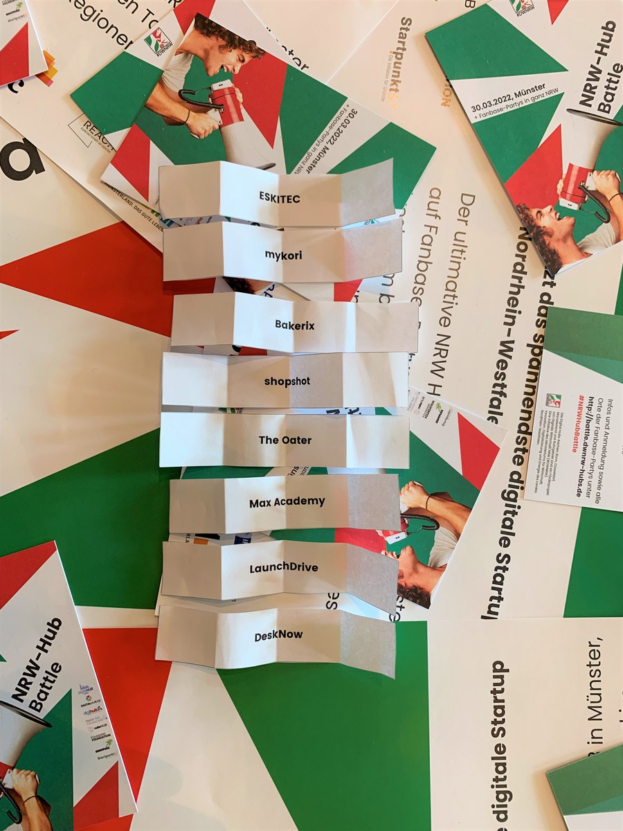 DigitalHubMs's tweet photo. Das Los hat entschieden: Das ist die Pitch-Reihenfolge für den #NRWHubBattle am 30.03.! Wir drücken den #Startups die Daumen und freuen uns auf viel Support auf den Fanbase-Parties und im Jovel hier in Münster. https://t.co/dBjkSnqXDx https://t.co/guD8OiONcY
