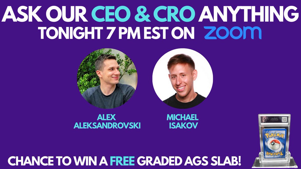 agsgrading's tweet image. Don't miss our Zoom Q&amp;amp;A TONIGHT at 7PM EST. Attending will enter you in a chance to win a FREE AGS slab! Use the following link to join us us02web.zoom.us/j/84951495205?… #robograding #ai #pokemon #DragonBallSuper #MetaZoo #Zoom #FreeGiveAway #future