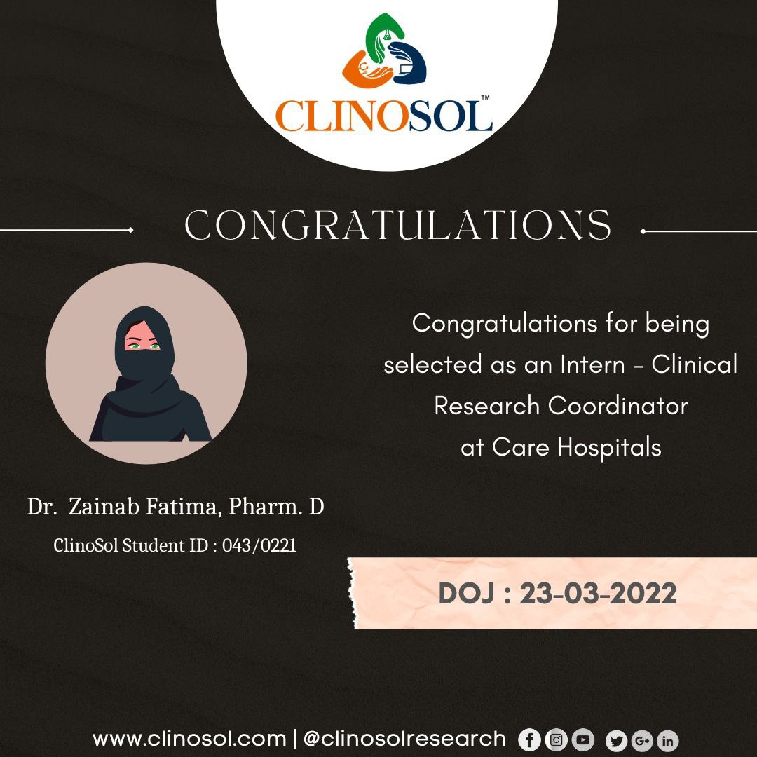 ClinosolGlobal's tweet photo. Congratulations, ClinoSol wishes you all the success in your Job Opportunity. All the best for your career ahead!
.
.
.
#job #career #internship #care #hospital #clinosol https://t.co/DQt4rojW93