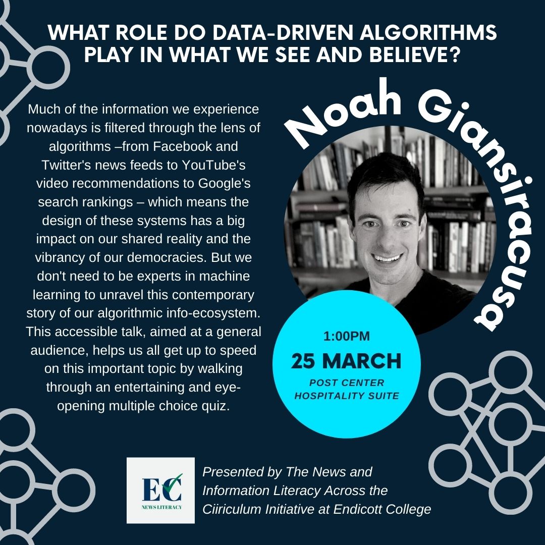 Noah Giansiracusa will be joining us on Friday to discuss algorithms on social media. Meet us at the Hospitality Suite on March 25th at 1 PM!