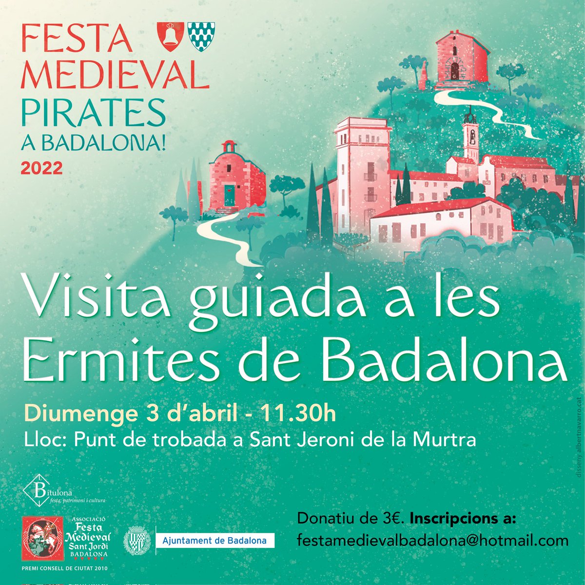 ⛪Visita guiada a les Ermites de Badalona

📅 3/4/2022, 11.30h

🔴Punt de trobada: Sant Jeroni de la Murtra 

Aportació: 3€ (els beneficis aniran destinats a la realització de les diverses activitats de la Festa Medieval)

Inscripcions: festamedievalbadalona@hotmail.com