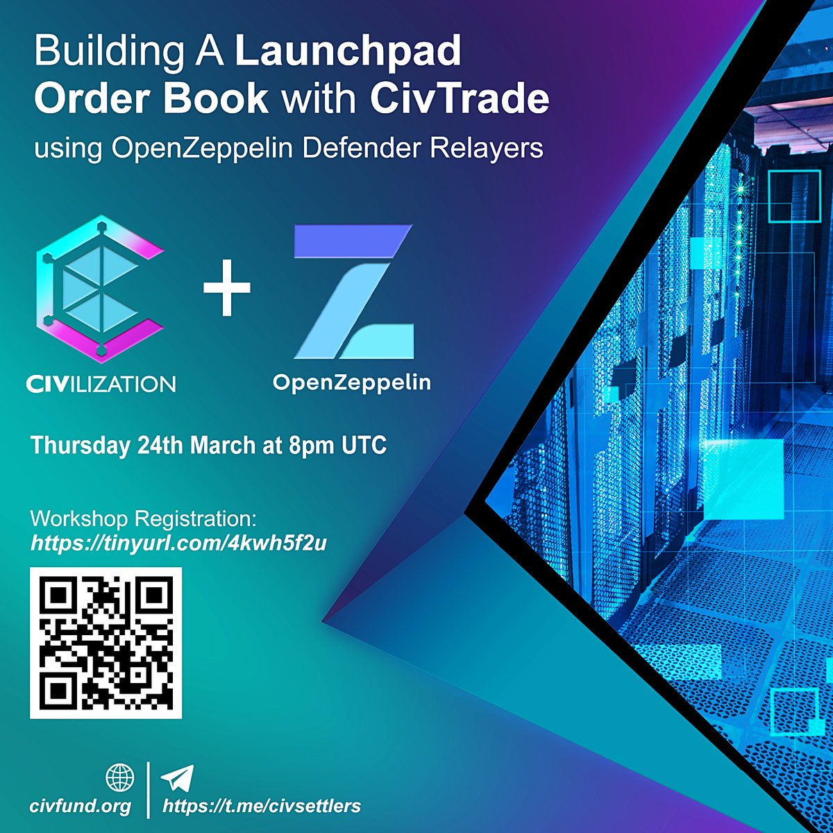 Don't make any plans, #CIVians‼️
Tomorrow, March 24th at 8pm UTC join the webinar with our partner <a href="/OpenZeppelin/">OpenZeppelin</a>🔥

<a href="/civ100/">DexMan $CIV</a> tells us how it was possible to build a Launchpad Order Book with #CivTrade using
OpenZeppelin Defender Relayers

Registration: tinyurl.com/4kwh5f2u