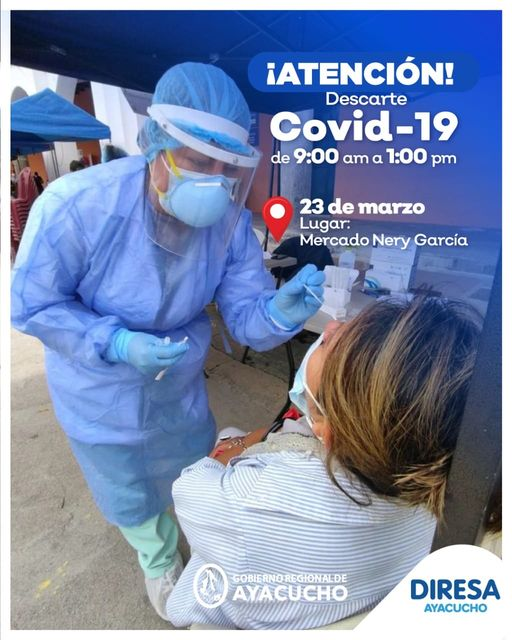 DIRESA_Ayacucho's tweet photo. #DescarteCovid Mañana te esperamos en el mercado Nery García a partir de las 9 de la mañana. 
No bajes la guardia, sigue cumpliendo con las medidas sanitarias. https://t.co/bmBbDl4WIk