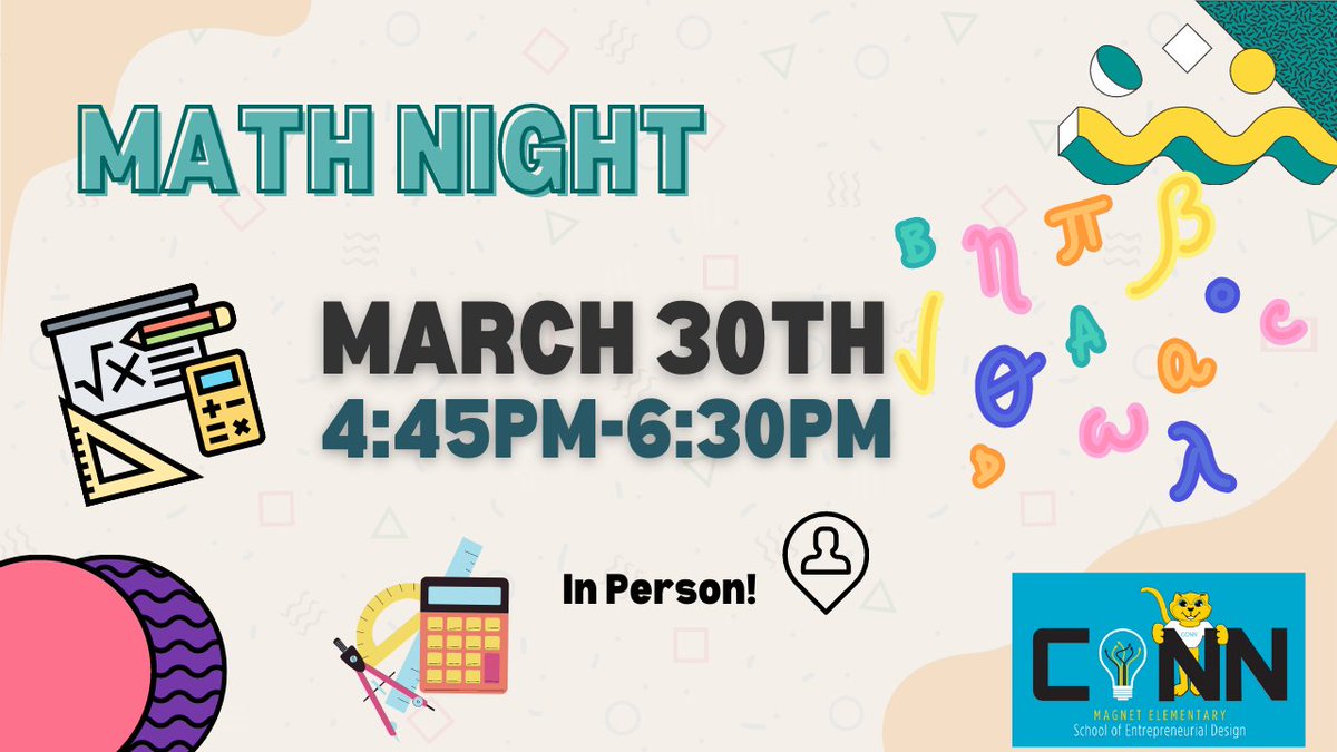 ➗➖➕We hope you can join us!
📌 Math Night is happening!
📅March 30th 
 ⌚4:45pm - 6:30pm
📍** IN PERSON!**
bit.ly/3ICoYPc
#MathNight #CONNmUNITY #ConnE #Math #wcpss