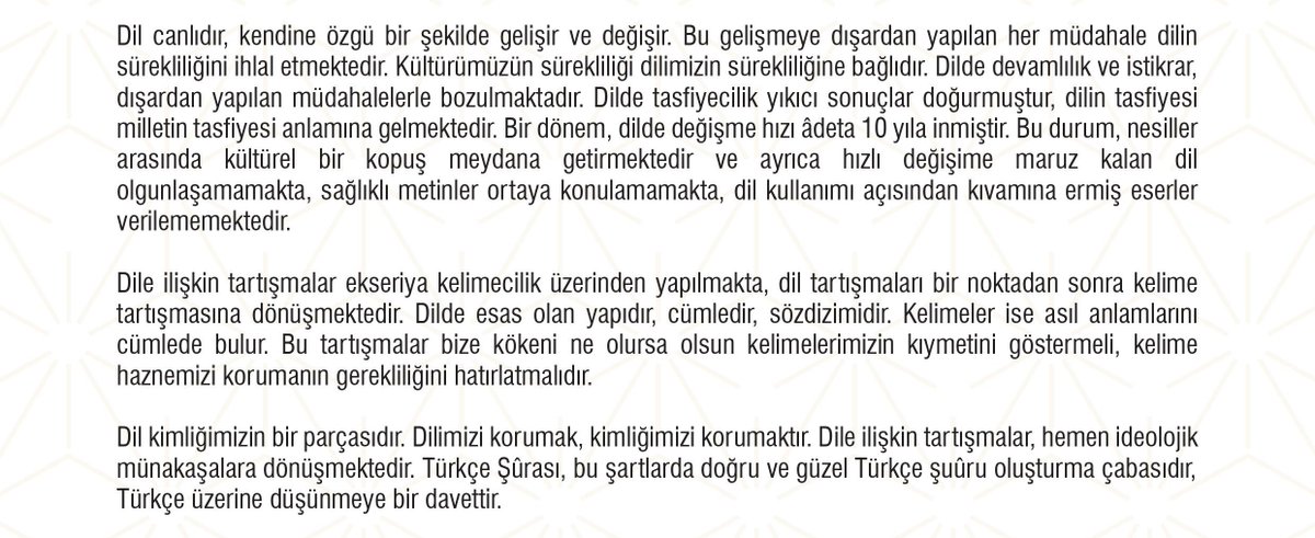 TYB1978's tweet photo. #TürkçeŞûrası Sonuç Bildirgesi ve Sonuç Raporu

Şûra'da müzakere edilen başlıklarla ilgili kapsamlı bir rapor hazırlanarak kamuoyuna açıklandı. Bu raporu bölüm bölüm sunuyoruz.

1⃣Giriş: Dil millet, kültür ve düşünce münasebeti
📎https://t.co/9i39k65j8R https://t.co/U8jDEjb1FF