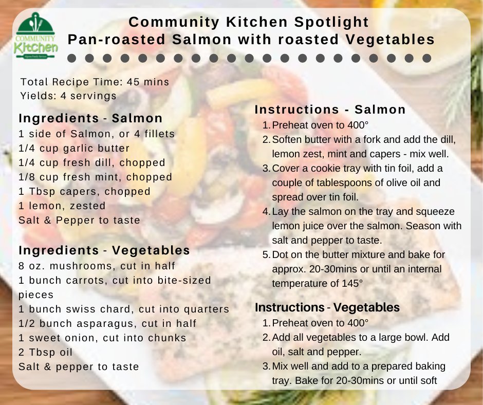 AlgomaFS's tweet photo. Community Kitchen: Pan-roasted Salmon and vegetables
Fish - what do I do with it and how do I cook it? Try this easy recipe that will be sure to make salmon a family favourite.
#CommunityKichen #FamilyMeals #PanRoastedSalmon #Veggies #AFS https://t.co/wDCXfWwi8b
