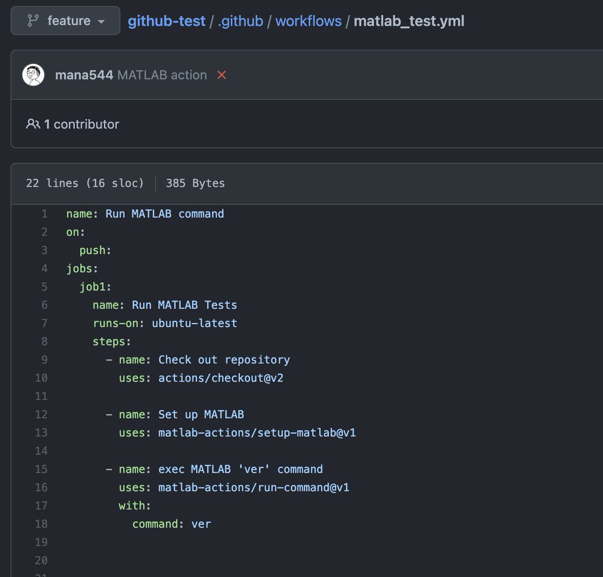 mana_544's tweet photo. @griffin921 ものすごいテキトーにGitHub-hosted runnerでMATLAB 'ver'コマンドだけ叩くアクション(1枚目)を作って実行してみました。(2枚目)
simulink testの文字が(3枚目)・・・これGitHub-hostedでワンチャンありませんかね・・・？ https://t.co/4Sa9UXPiIy