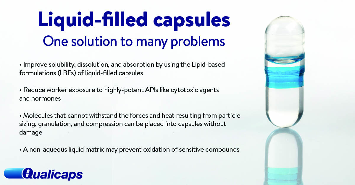QUALICAPS's tweet photo. Over 70% of new drug substances are poorly water-soluble compounds that are difficult to formulate. Liquid-filled capsules can help mitigate many of the issues developers have with these compounds. Contact us today to see how we can help. https://t.co/oF1faZGBy1 https://t.co/vzDyEQIZUB