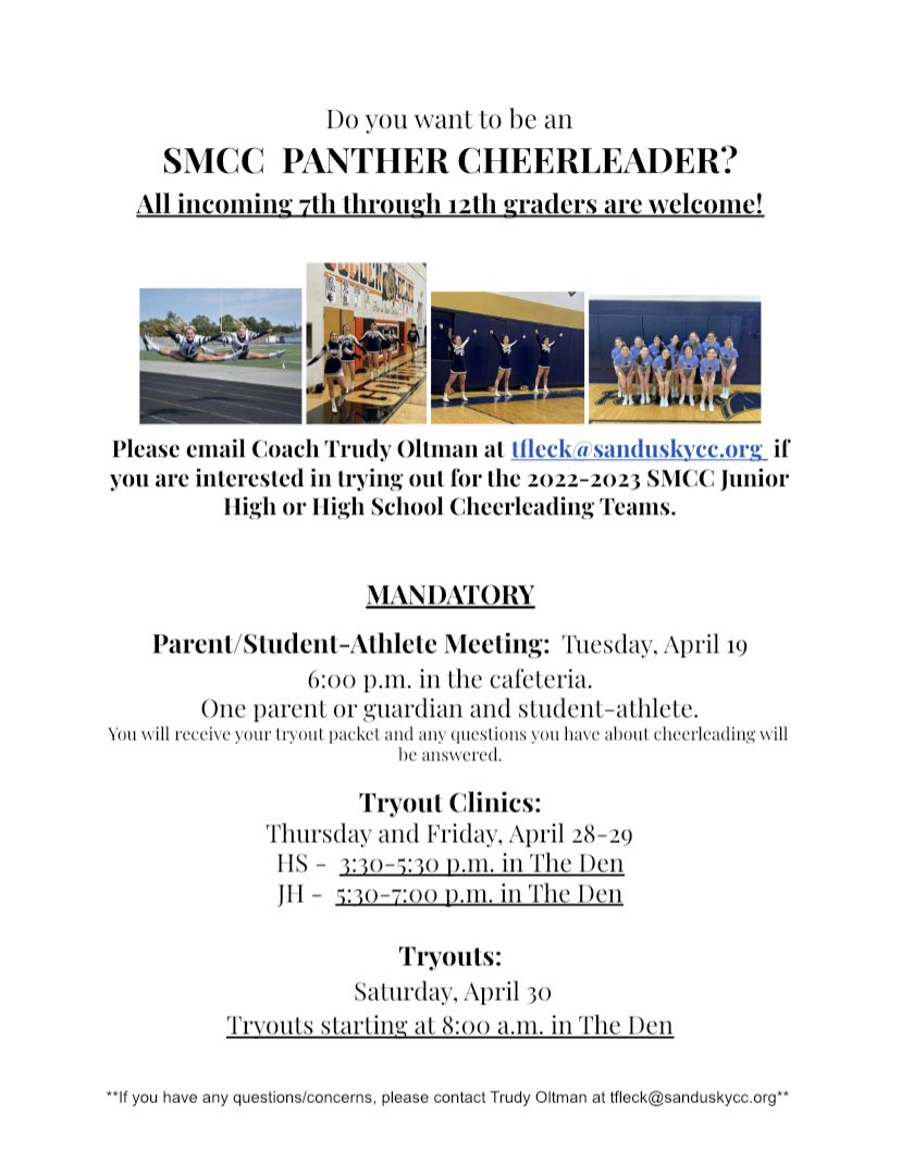 smcc_cheer's tweet photo. SMCC cheer tryouts are coming up after break! 
📣 Save the date 📣 https://t.co/RxKwjnryev