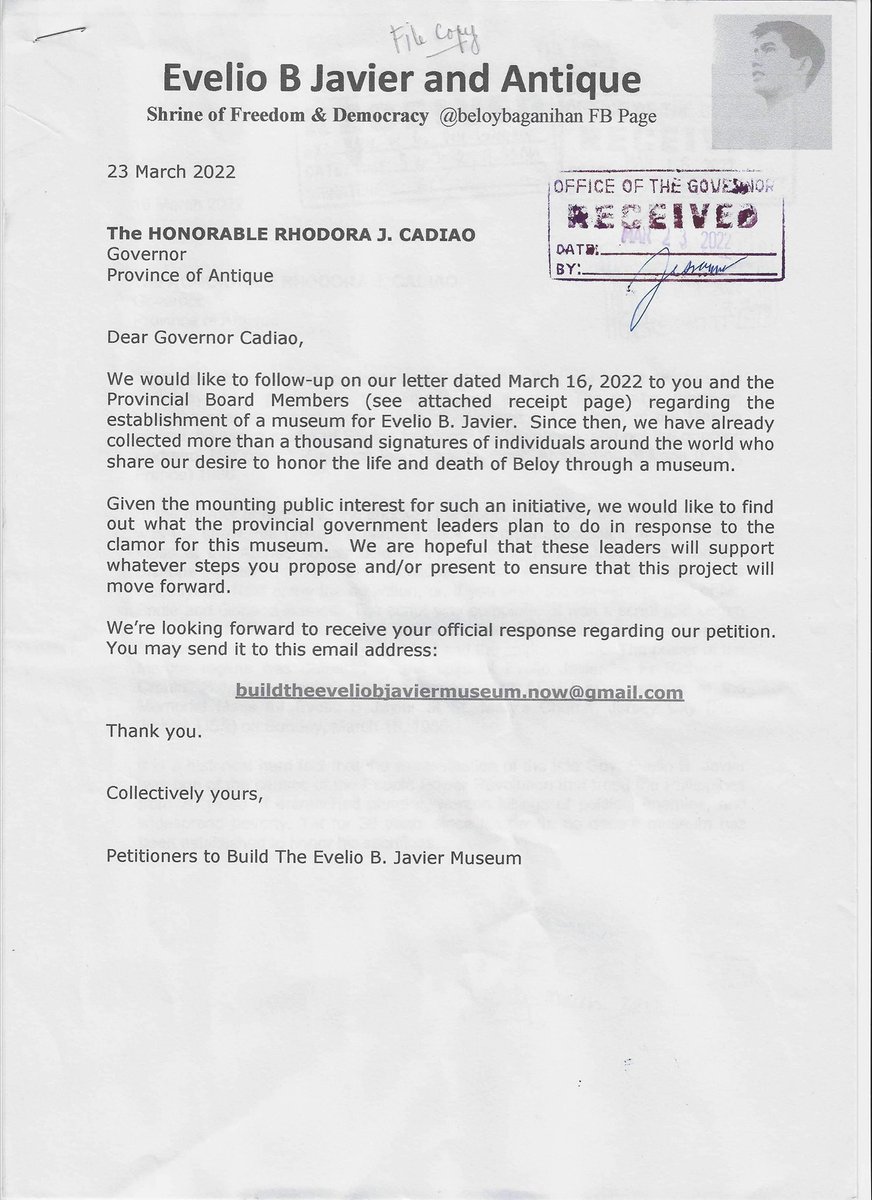 All4leniSD's tweet photo. A follow-up letter to Antique Gov. R. Cadiao, along with a list of more than one thousand signatures, hoping to get a response this time. #BuildTheEvelioBJavierMuseumNow #Beloy #NoToMarcoses #NoToHistoricalRevisionism https://t.co/Gu3AwNZMOa