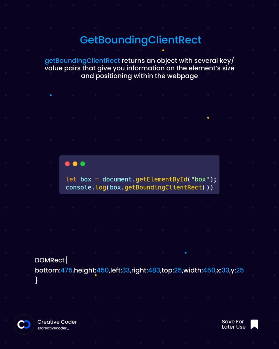 creativecoder__'s tweet image. Javascript getBoundingClientRect ✨
You can also Checkout my Instagram account for more content on html , css and javascript (Link in bio )