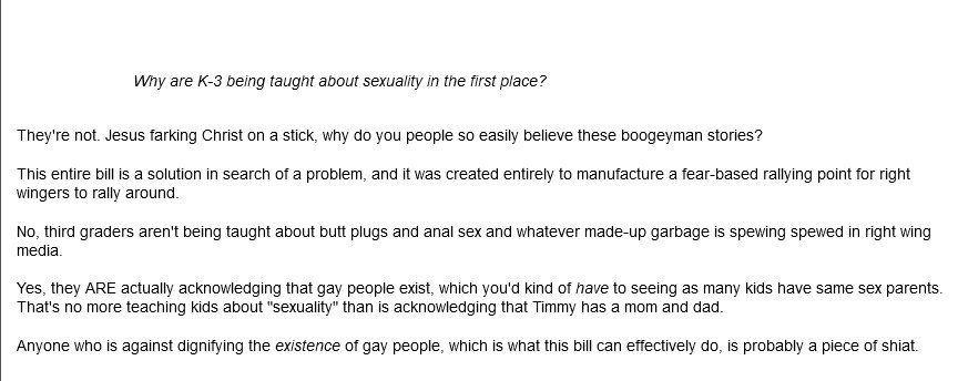 I came across this reply on a thread about the 'Don't Say Gay' bill. My thoughts exactly.