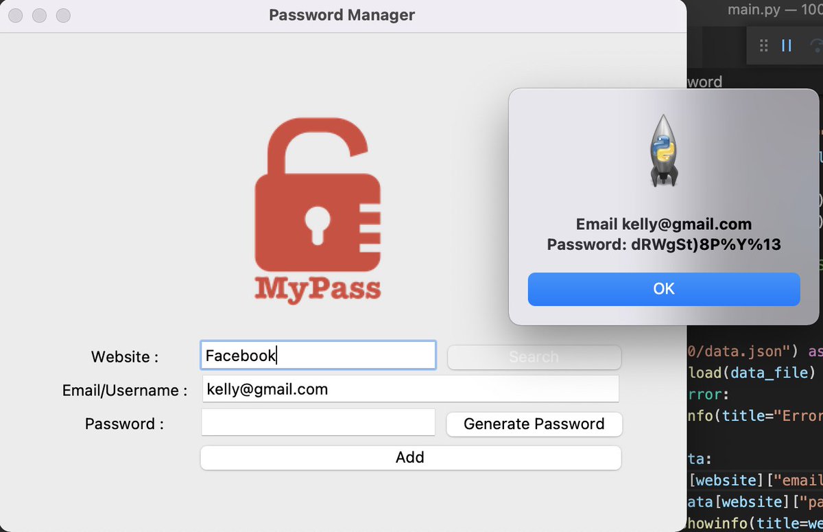 #Day30 of #100DaysOfCode in Python: Upgraded the Password Manager after learning about exceptions and JSON file format.