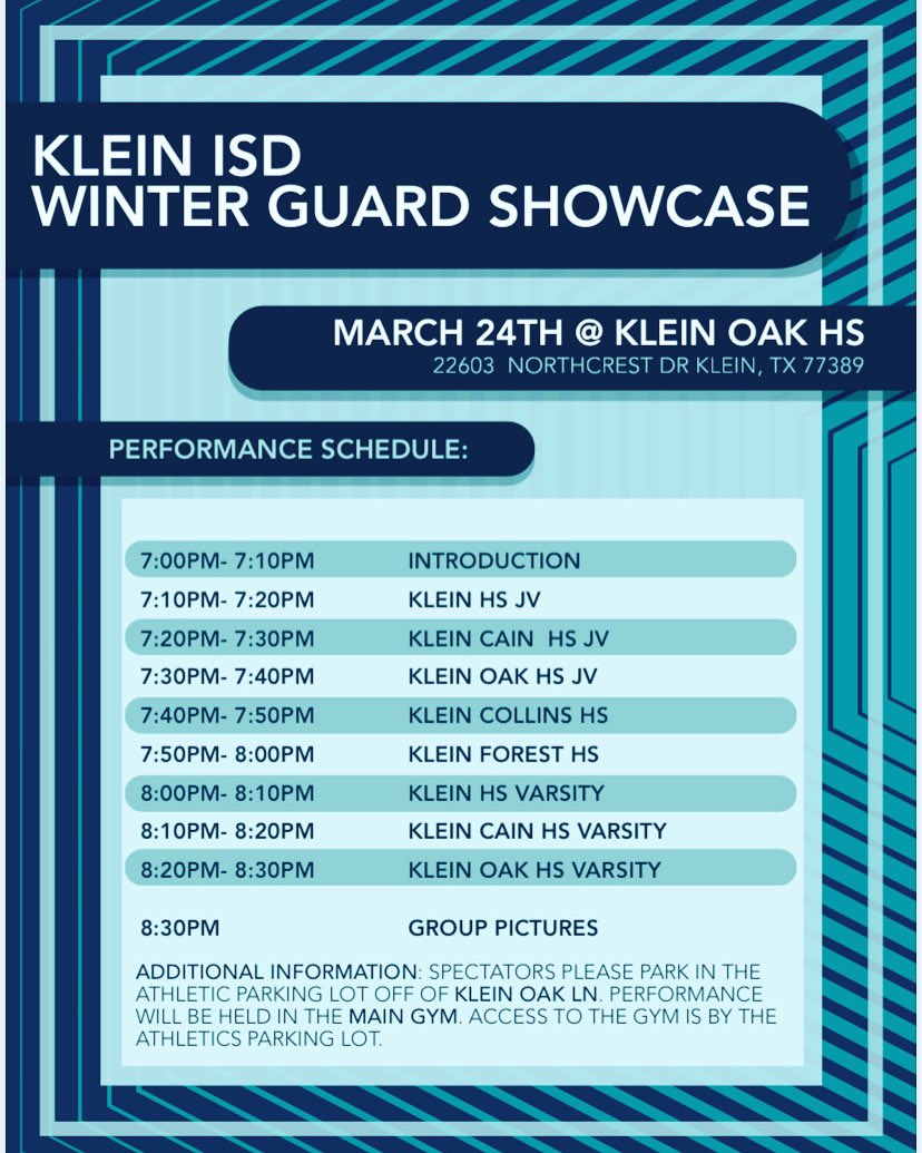 Come check out the Klein ISD Winter Guards this Thursday @ 7PM in the Klein Oak Gym!!
<a href="/kleinfinearts/">Klein ISD Fine Arts</a> <a href="/KleinISD/">Klein ISD</a> <a href="/CrestonHerron/">Creston Herron</a>